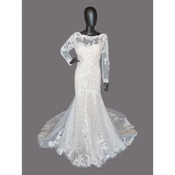 Stella Couture | Dresses | Blush Illusion Boat Neck Long Slve Fitflare Lace Wedding Gown Stella Couture | Poshmark Stella Couture | Dresses | Blush Illusion Boat Neck Long Slve Fitflare Lace Wedding Gown Stella Couture | Poshmark